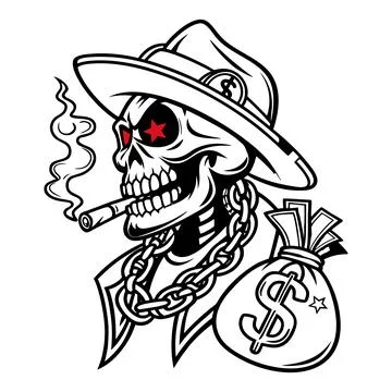 Smoking skeleton wearing hat and chain with money bag Stock Illustration