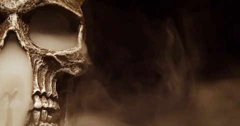 Smoking Skull half shown on frame left, black back drop Stock Footage 110836090