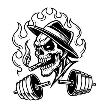 Smoking skull wearing hat lifting dumbbell with flames Stock Illustration