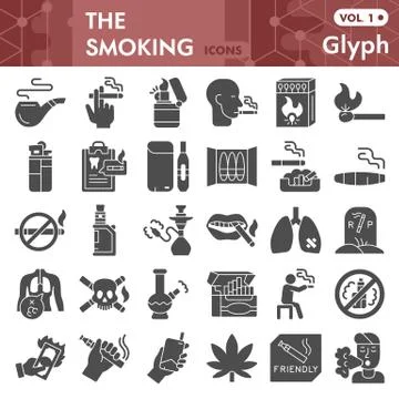 Smoking solid icon set, smoke symbols collection or sketches. Smoking addiction Stock Illustration