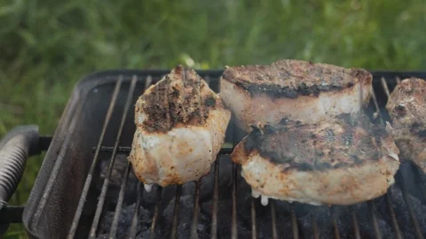 Smoking steaks on grill. T-Bone steak on grill. Summer barbecue picnic. Видео 110914520