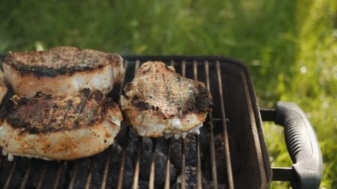Smoking steaks on grill. T-Bone steak on grill. Summer barbecue picnic. Video stock 110914628