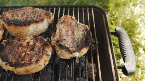 Smoking steaks on grill. T-Bone steak on grill. Summer barbecue picnic. Stock Footage 110914879