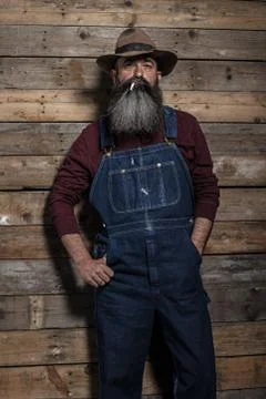 Smoking vintage worker man with long gray beard in jeans dungarees. Standing  Stock Photos