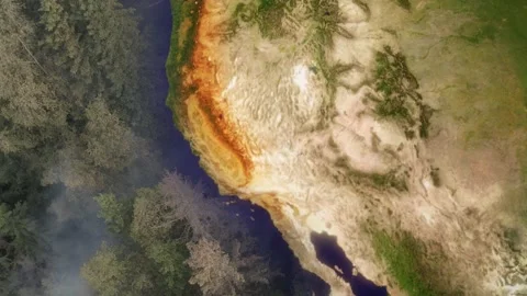 Smoking wildfire forest, split with Map of California, USA - 3D animation Stock Footage 155259530
