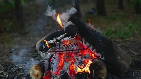 Smoky campfire burning in the dark forest with glowing embers close up Stock Footage 345121365