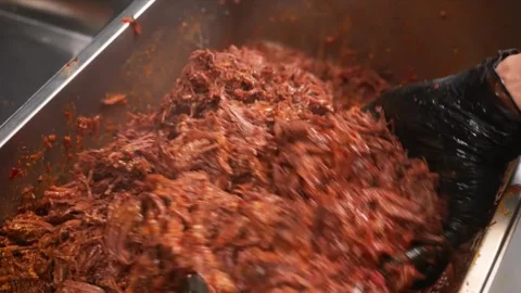 Smoky, Saucy Pulled Pork or Braised Beef Being Mixed by Hand Stock Footage 331635778
