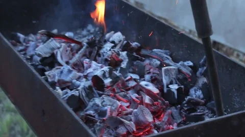 The smoldering coals in barbecue set Stock Footage 79206730