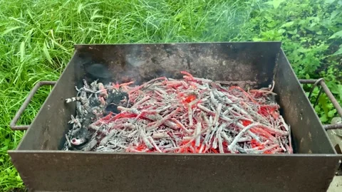 Smoldering coals in an old-fashioned iron barbecue. Stock Footage 277117236