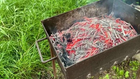 Smoldering coals in an old-fashioned iron barbecue. Stock Footage 281658142