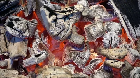 Smoldering fire close-up. Small flame on the coals and ash Stock Footage 84561817