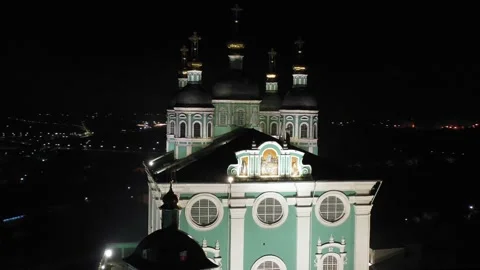Smolensk Assumption Cathedral night aerial Stock Footage