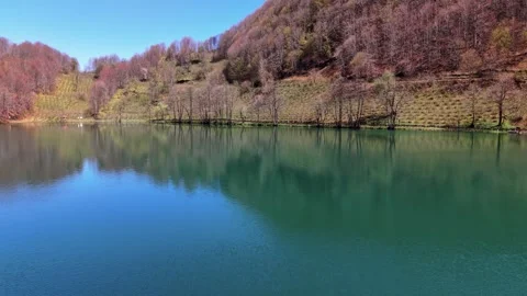 Smooth 4K Drone Flight Gliding Low Over a Crystal Blue Autumn Lake Stock Footage 339186085