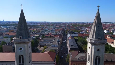 Smooth aerial top view flight drone. City Church St Ludwig blue sky town Munich Stock Footage 252222350