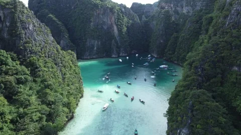 Smooth Aerial View of Phi Leh Lagoon of Thailand Koh Phi Phi droneshot Stock Footage 245755714