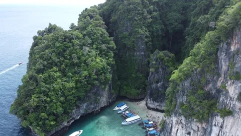 Smooth Aerial View Rise down of Koh Phi Phi monkey Beach Thailand droneshot Stock Footage 245755559