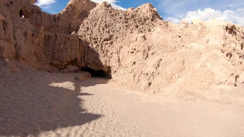 Smooth approach of a cave at Valle De La Luna desert Chile. San Pedro De Atacama Stock Footage 93848407