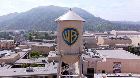 Smooth Backward Drone Flight from Warner Bros. Water Tower in Los Angeles Stock Footage 309236600