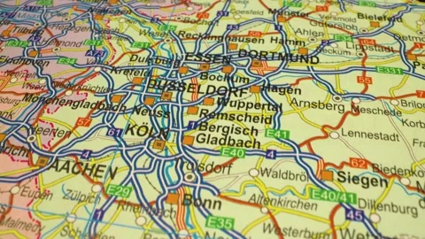 Smooth camera movement across atlas map from frankfurt to dusseldorf, germany Stock Footage 343820080