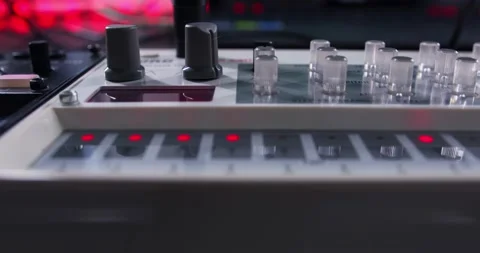Smooth Camera Movement along a Rack for Synthesizers. Stock Footage 148551106