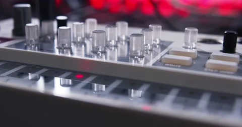 Smooth Camera Movement along a Rack for Synthesizers. Stock Footage 148551179
