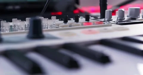 Smooth Camera Movement along a Rack for Synthesizers. Stock Footage 148551287