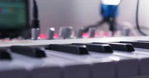 Smooth Camera Movement along a Rack for Synthesizers. Stock Footage 148551290