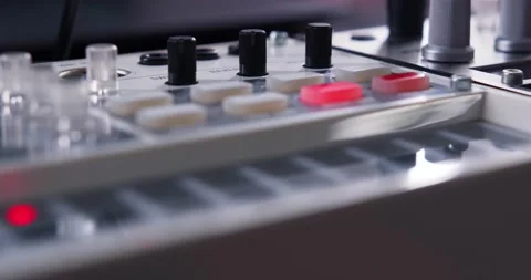 Smooth Camera Movement along a Rack for Synthesizers. Stock Footage 148551337