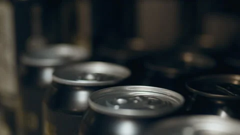 Smooth camera movement of metal soda cans on a store window. Grocery store s Stock Footage 252389254