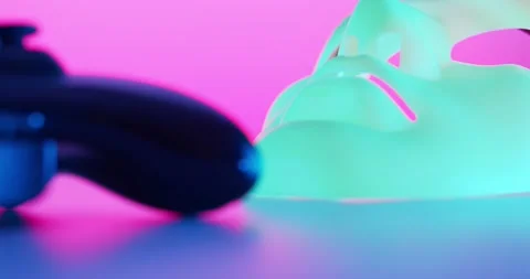 Smooth Camera Movement through Gaming Accessories and Carnival Masks. Stock Footage 150750009