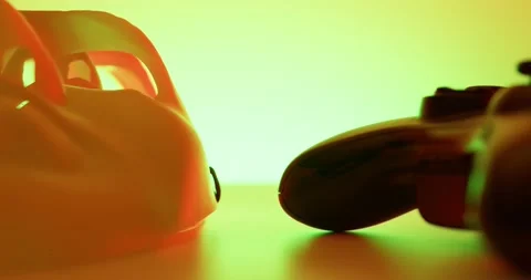 Smooth Camera Movement through Gaming Accessories and Carnival Masks. Stock Footage 150750096