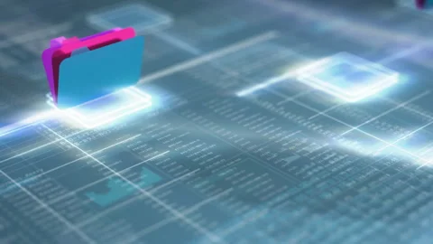 Smooth camera slide over digital network with hacker code data, folder icons Stock Footage 282429566