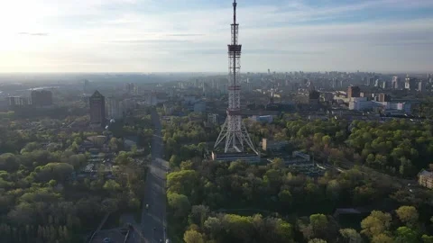 Smooth, cinematic drone flight to the TV tower at sunrise Stock Footage 165078056