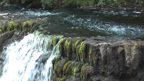 Smooth close-up following water down mossy waterfall Stock Footage 92576406