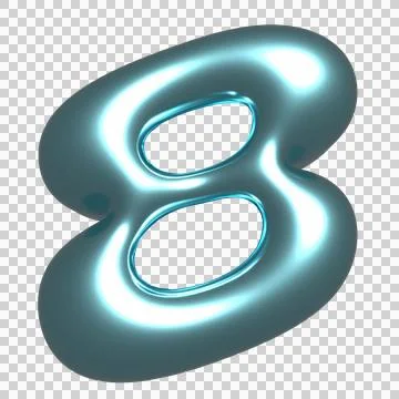 Smooth cyan chrome eight is tilting in 3D on transparent background showing neon Stock Illustration