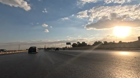Smooth desert highway drive along Cairo Fayoum Desert Road natural landscape Stock Footage 330115049
