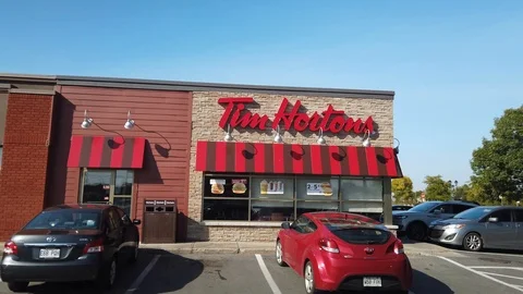 Smooth Display of Tim Hortons Coffee Shop Franchise Branch Stock Footage 123532118