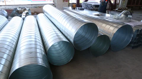 Smooth Dolly Shot Left Right Galvanized Steel Spiral Ducts Construction Site Vidéo 336266129