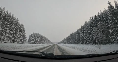 Smooth Driving Through Snow Covered Forest At Sunrise After Snowstorm Winter 库存影片 330954641