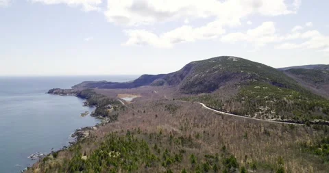 A smooth drone flight follows the rugged ocean coast with evergreen woods Stock Footage 342105038