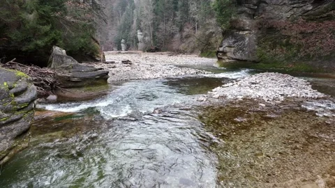 Smooth drone flight over wild river in Switzerland. Stock Footage 230728092