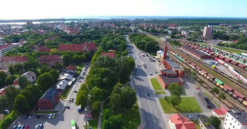 Smooth drone flight through Klaipeda City at low altitude - 13 스톡 동영상 79550957