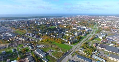 Smooth drone flight through Klaipeda City at high altitude - 1 Vídeo Stock 81128048