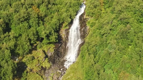 Smooth flight along large waterfall in the middle of the forest on a sunny Stock Footage 269299905