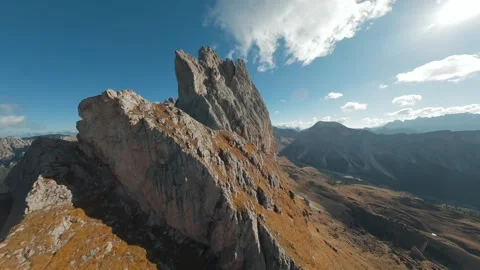 Smooth flight along the mountain range, filmed by FPV drone. Seceda, Italy Stock Footage 293637299