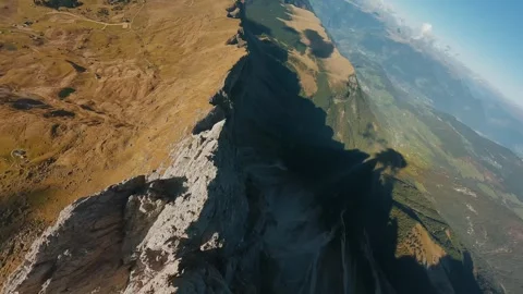 Smooth flight along the mountain range, filmed by FPV drone. Seceda, Italy Stock Footage 293637675
