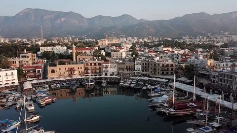Smooth flight of the drone over the harbor in Kyrenia (Girne) North Cyprus 스톡 동영상 112567196