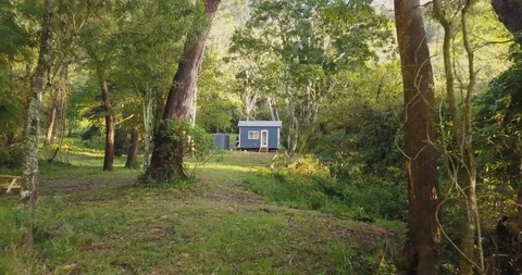 Smooth fly through to small blue cabin in the woods Stock Footage 98272485