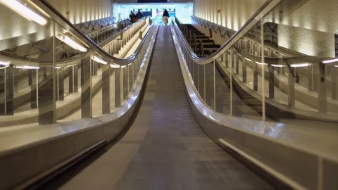 Smooth forward movement, on a horizontal escalator. Escalator without steps, 4K 스톡 동영상 121878313