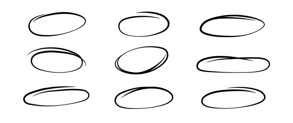 Smooth highlight circles set. Doodle and scribble ellipses collection. Black Stock Illustration